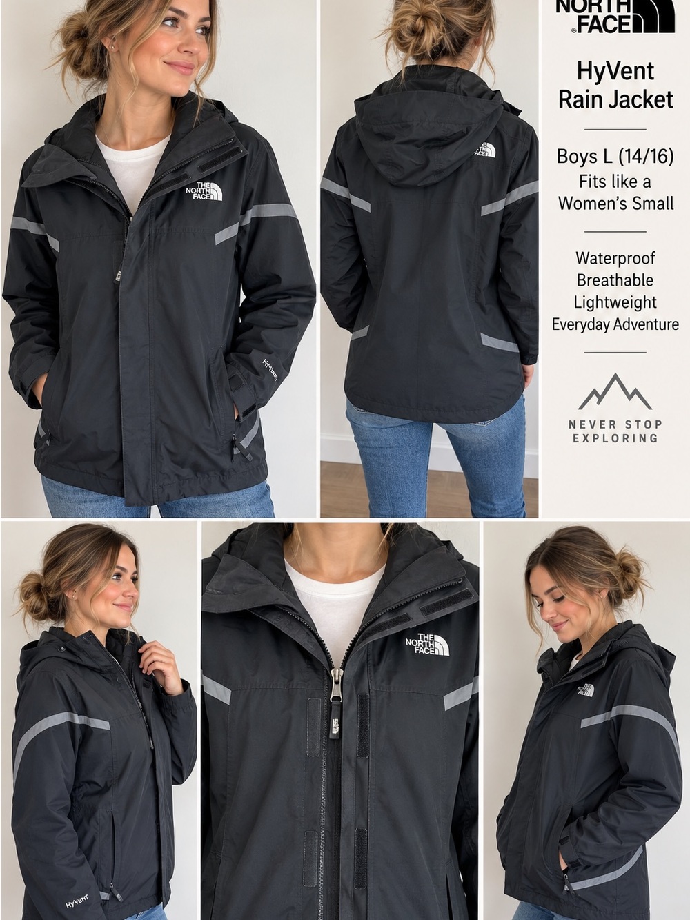 The North Face HyVent Black Hooded Rain Jacket Women’s S Boys L 14/16